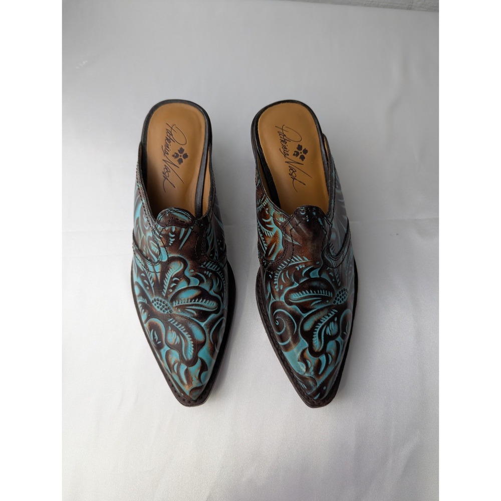 Patricia Nash Battista Mules Shoes US 6.5 Floral Turquoise Brown Leather Cowgirl - Picture 3 of 9
